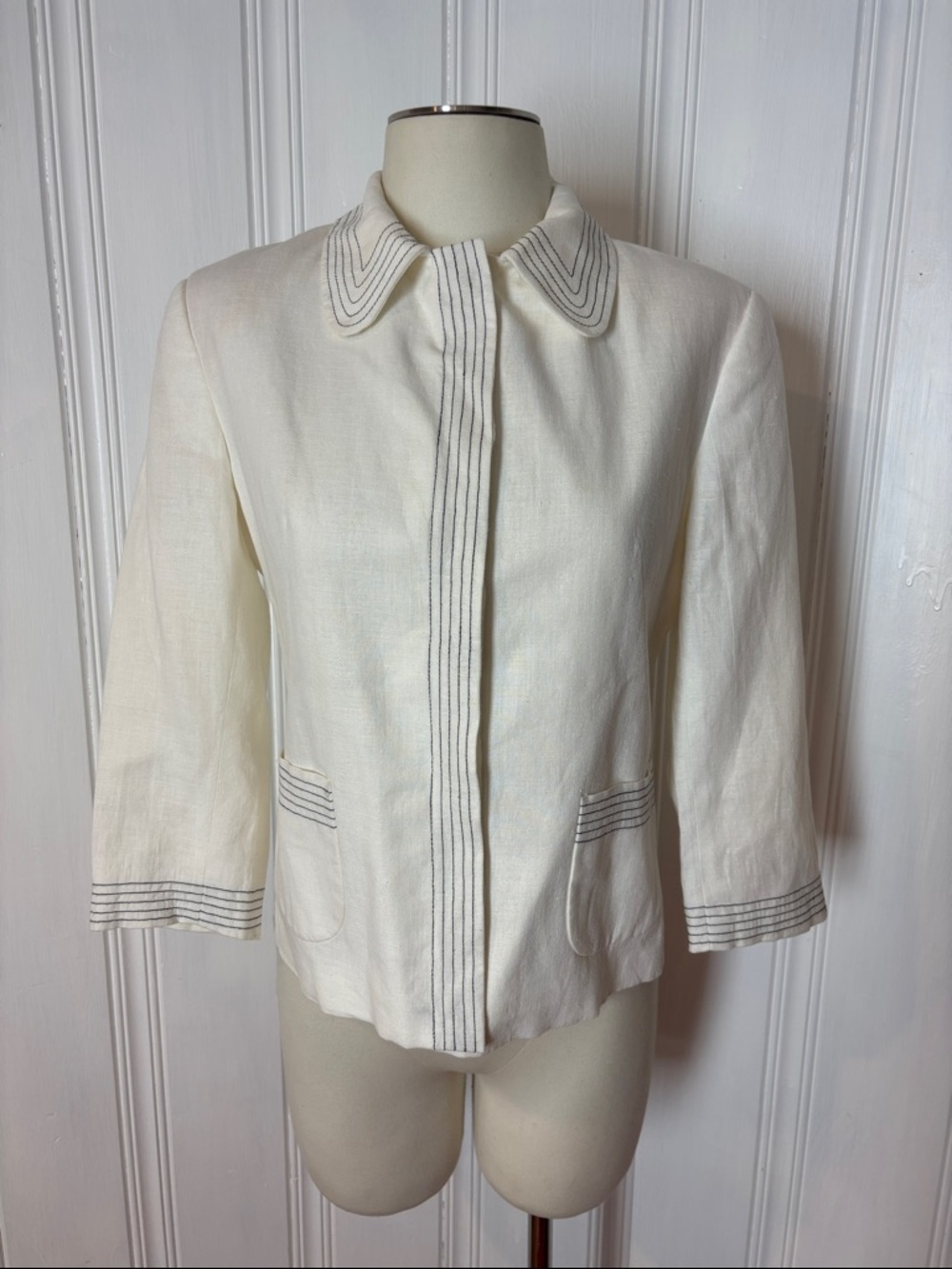 Zara Basic Off-White Linen Blend Cropped Blazer Jacket w/ Hidden Buttons Size 6